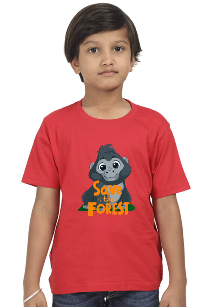A young Forest Guardian with short brown hair wears TuckTribes SAVE THE FOREST Boys T-Shirt, featuring a cartoon mountain gorilla and the slogan Save the Forest, against a white background.