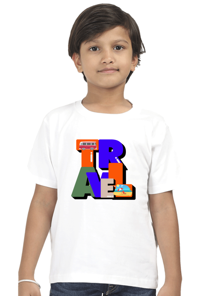 A child wears the TuckTribes TRAVEL BOYS T-SHIRT featuring colorful, large TRAVEL letters and transport icons like a bus and airplane, strikingly set against a plain white background.