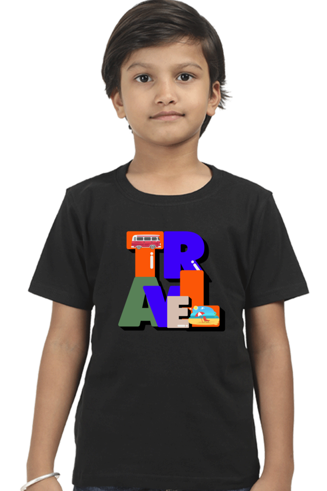 A child models the TuckTribe TRAVEL BOYS T-SHIRT, with TRAVEL boldly displayed in colors; the T shows a bus and the L has an airplane, all against a white background.