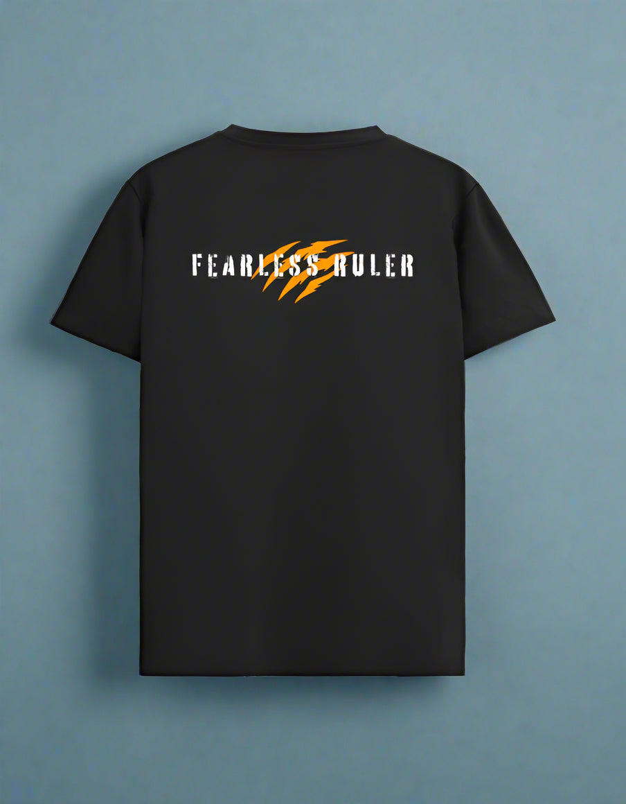 Black t-shirt with 'Fearless Ruler' text and logo on a blue background