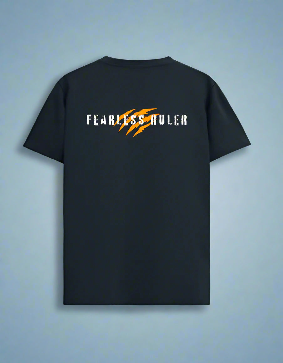Black t-shirt with 'Fearless Ruler' text and logo on a light blue background