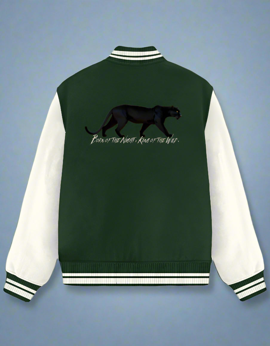 Bottle green varsity jacket laid flat – black panther jungle ghost collection