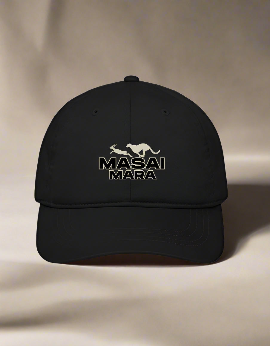Black cap with 'MASAI MARA' text and logo on a white background