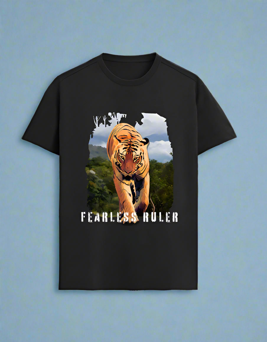 Black t-shirt with a tiger graphic and 'Fearless Ruler' text on a blue background