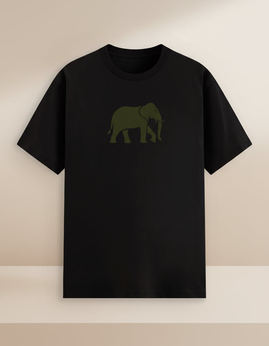 Black t-shirt with a green elephant graphic on a white background