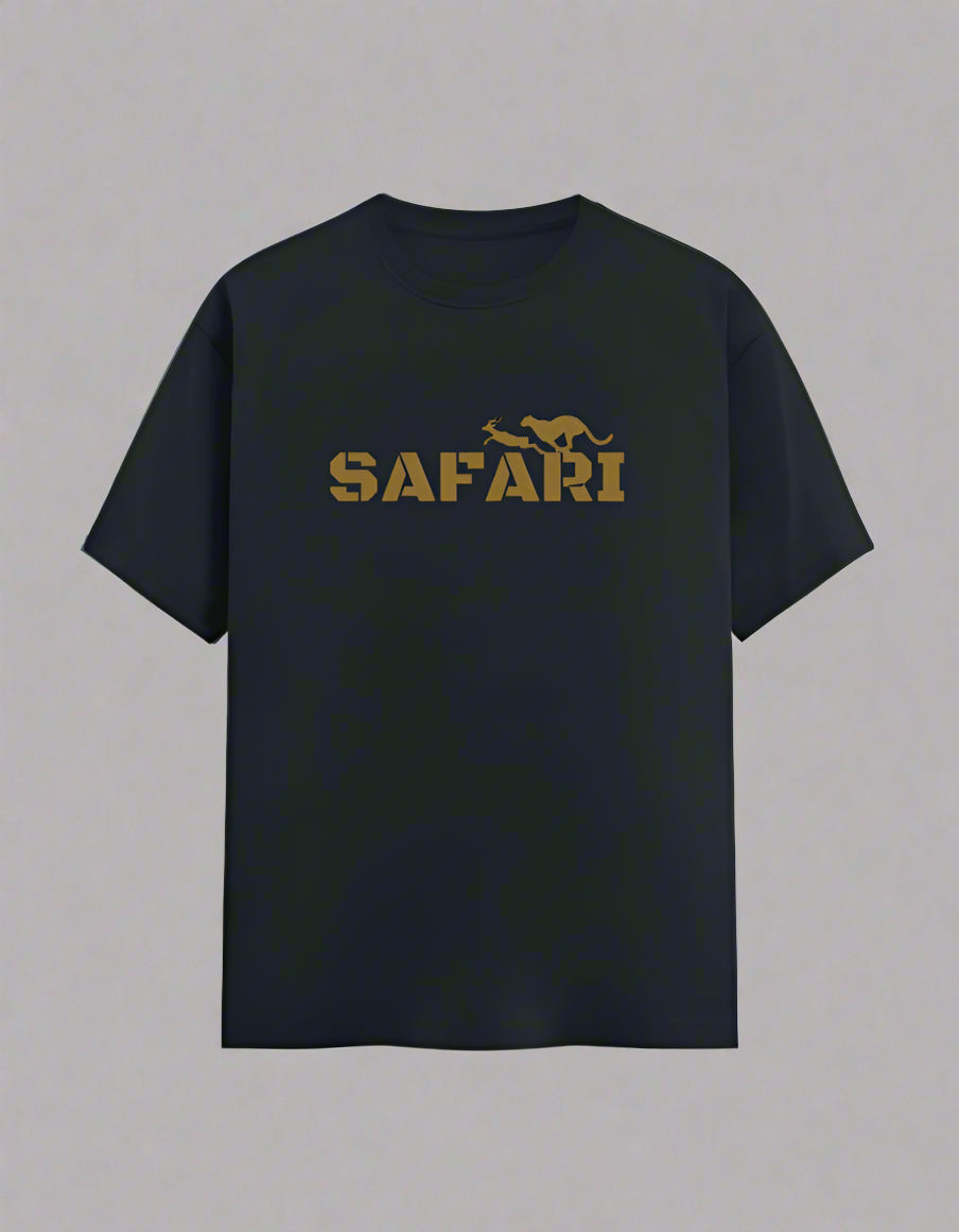 Navy Blue t-shirt with 'SAFARI' printed in gold on a white background