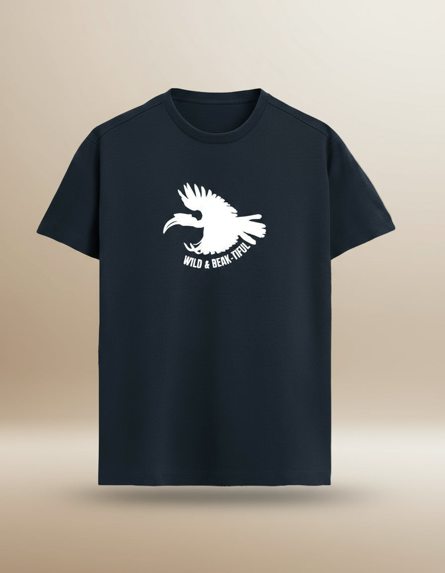 Navy blue t-shirt with a white bird graphic and text on a white background