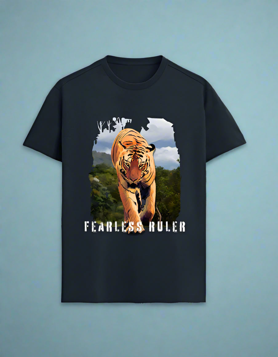 Black t-shirt with a tiger graphic and 'Fearless Ruler' text on a blue background