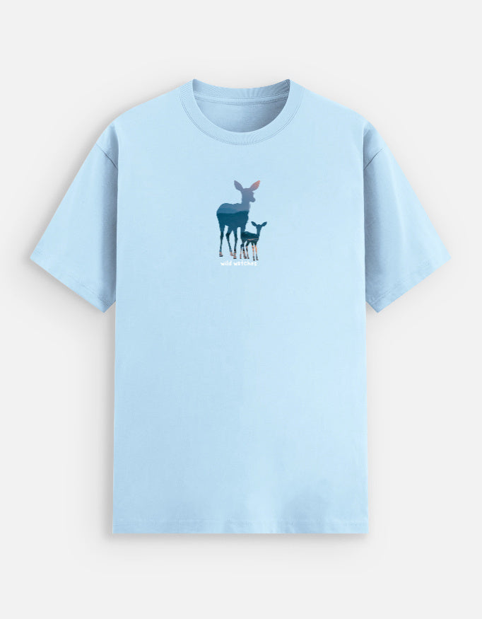 Light blue t-shirt with deer graphic on a white background