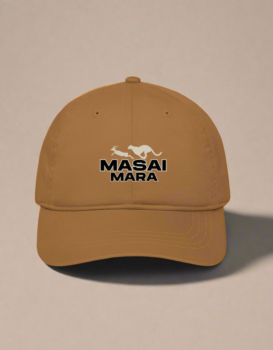 Brown cap with 'Masai Mara' logo on a beige background
