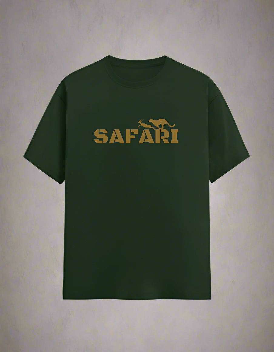 Green t-shirt with 'SAFARI' and a panther graphic on a white background