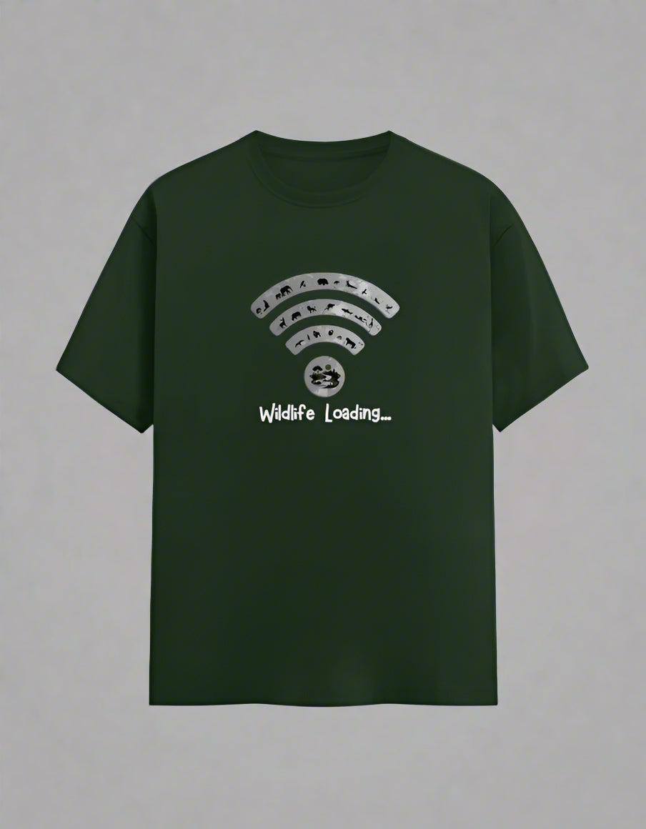 Bottle green t-shirt with a white graphic design on a white background