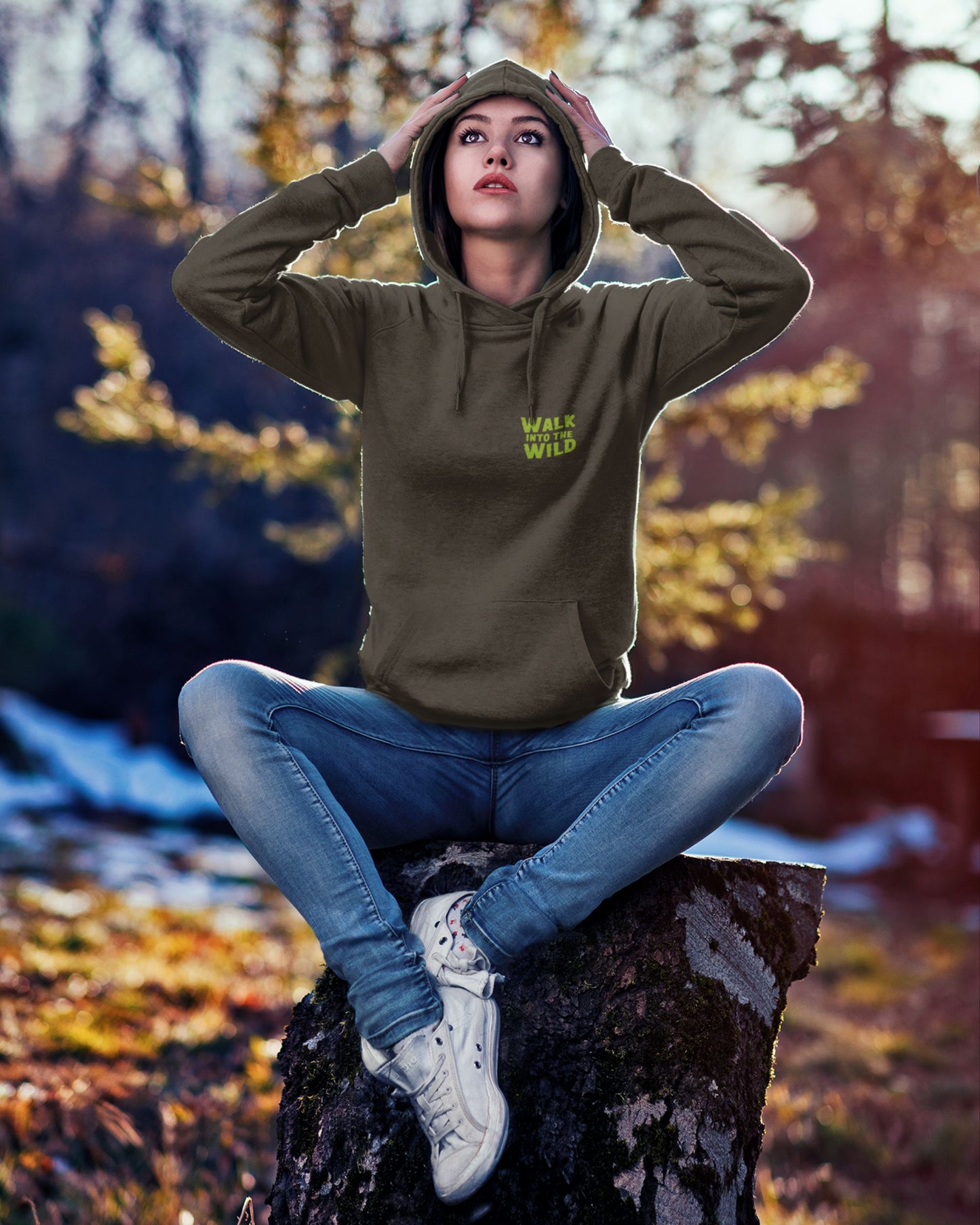 woman wearing a Walk Into The Wild unisex olive colour hoodie front print