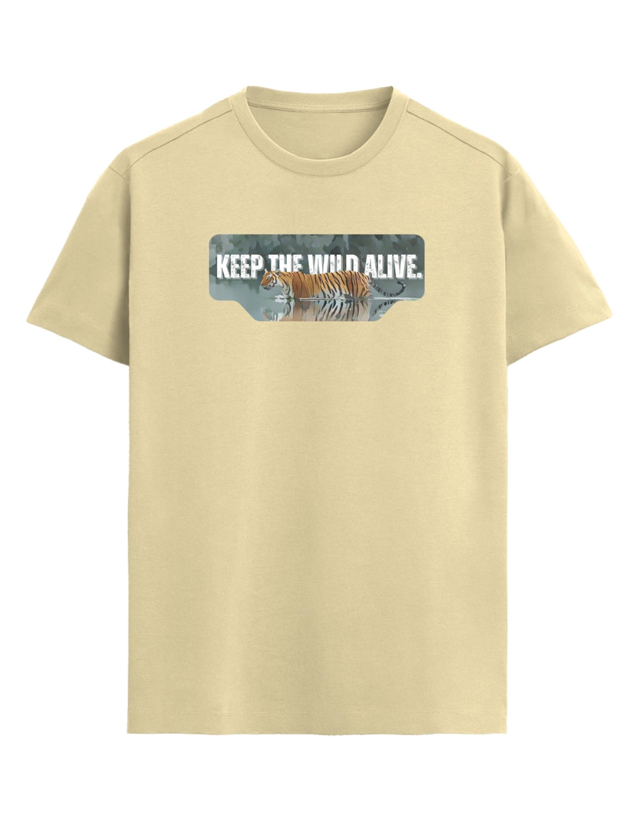Beige t-shirt with a tiger graphic and 'Keep the Wild Alive' text on a white background