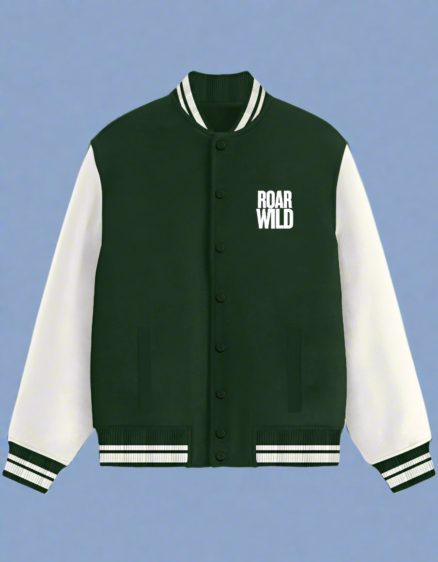 ROAR WILD varsity jacket front – TuckTribe x Arvind Karthik