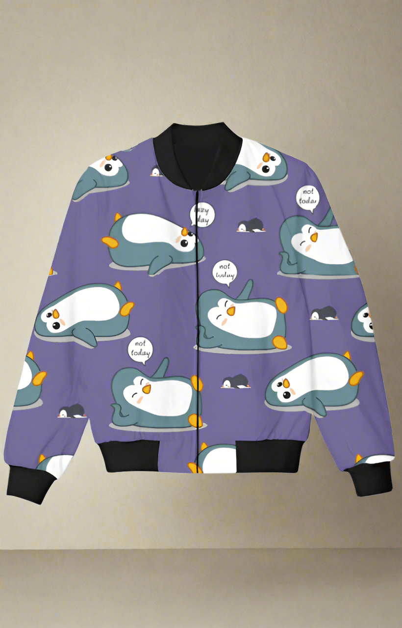 TuckTribeBlue Kids Bomber Jacket with Cute Lazy Penguin PrintsKids Bomber Jacket