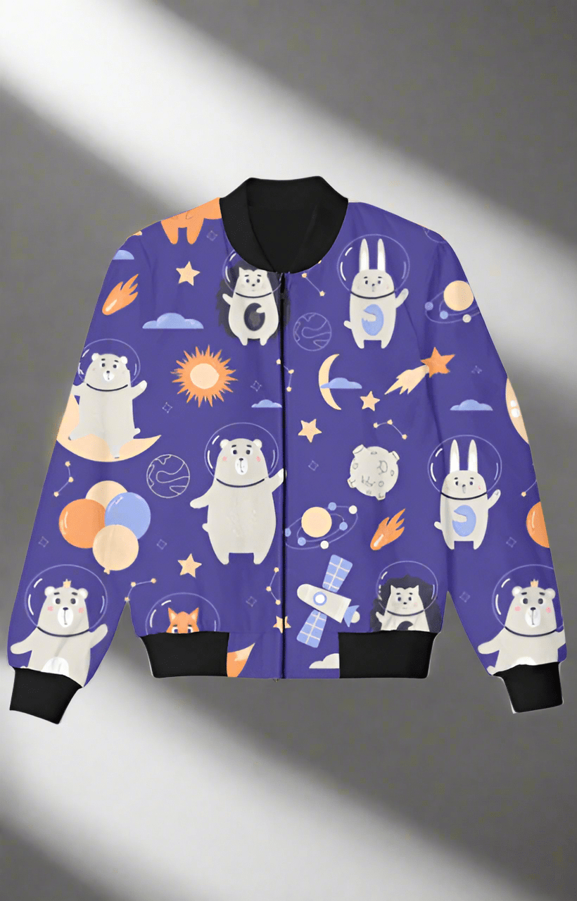 TuckTribeBlue Kids Bomber Jacket with Cute Space and Animal PrintKids Bomber Jacket