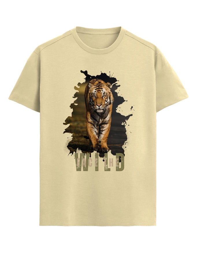 Beige t-shirt with a tiger graphic and Face the Wild text on a white background