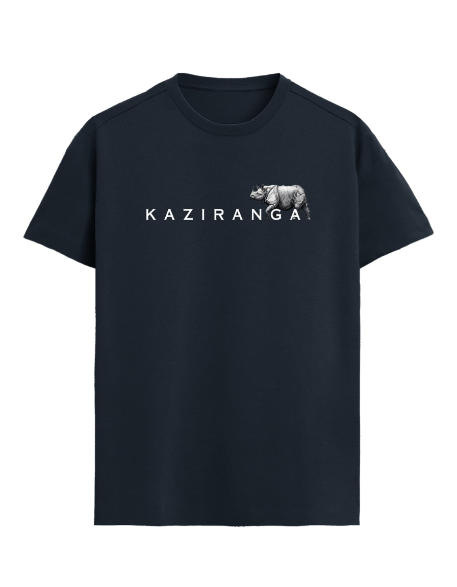 Black t-shirt with 'Kaziranga' logo on a white background