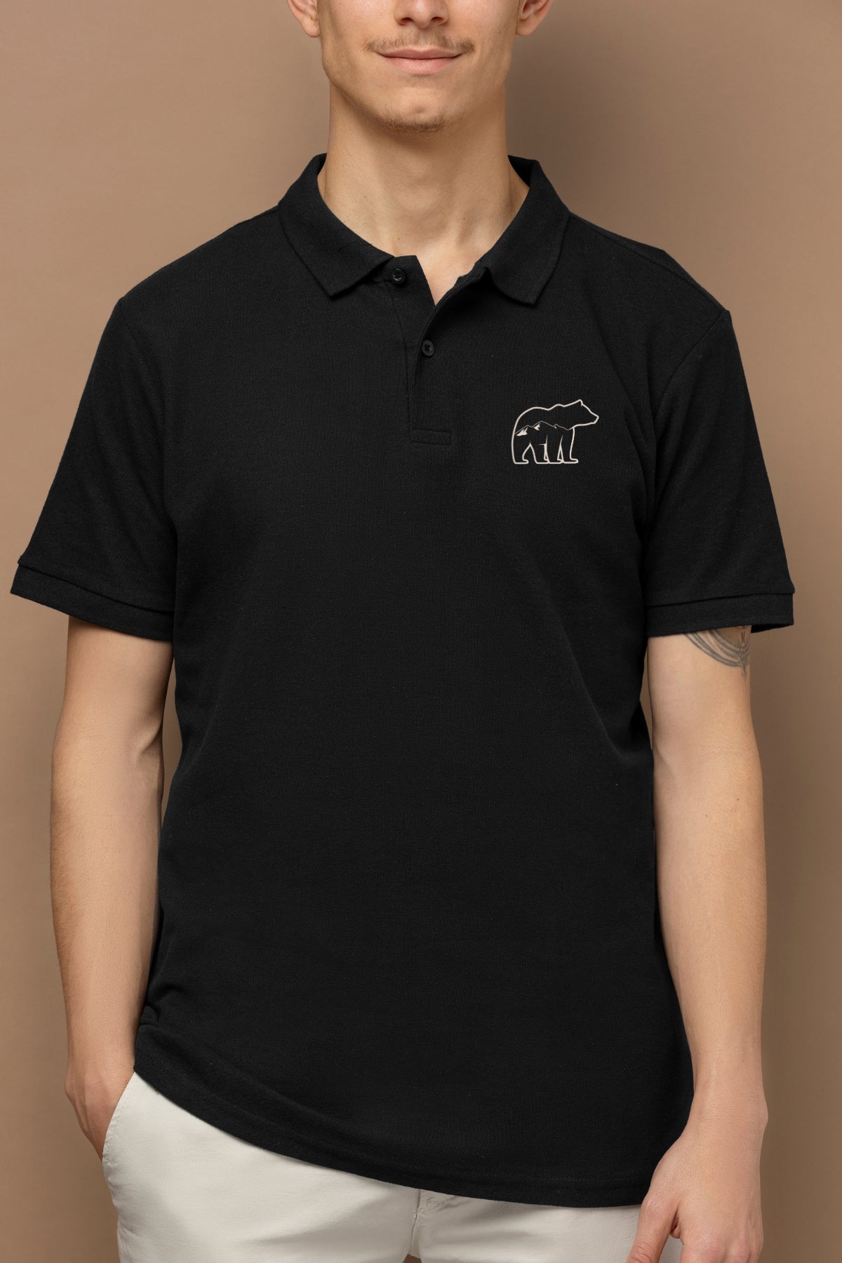 TuckTribeMen's Classic Polo T-Shirt with Embroidered Grizzly Bear Design – Soft Cotton, Durable, Stylish & Comfortable FitMens Polo T-Shirt