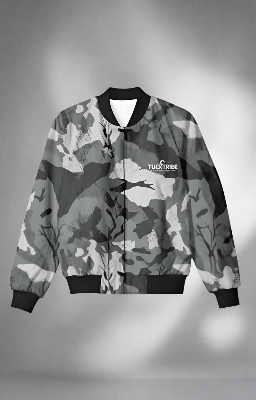 TuckTribeMen's Grey Camouflage Bomber Jacket - Stylish Military - Inspired Outerwear for All SeasonsAOP Bomber Jacket
