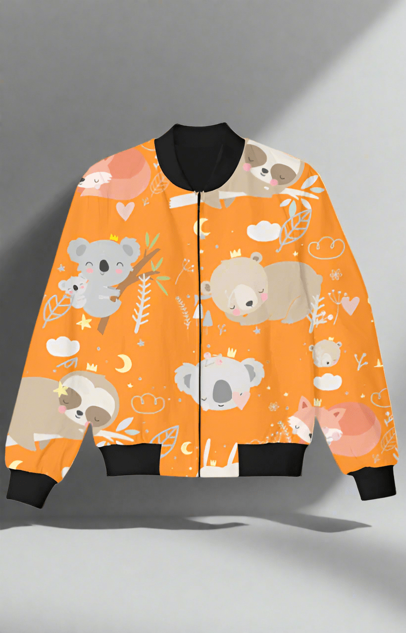 TuckTribeOrange Kids Bomber Jacket with Cute Animal PrintsKids Bomber Jacket