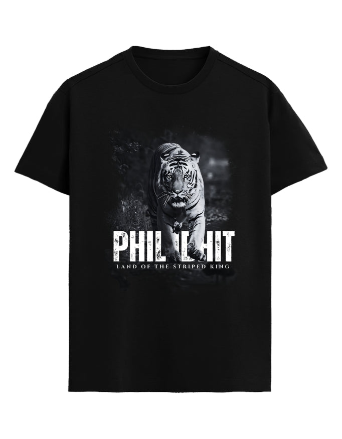 Black t-shirt with a tiger graphic and text Philibit on a white background