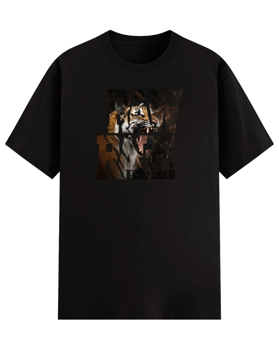 Black t-shirt with a tiger graphic and text RAWRAGE on a white background