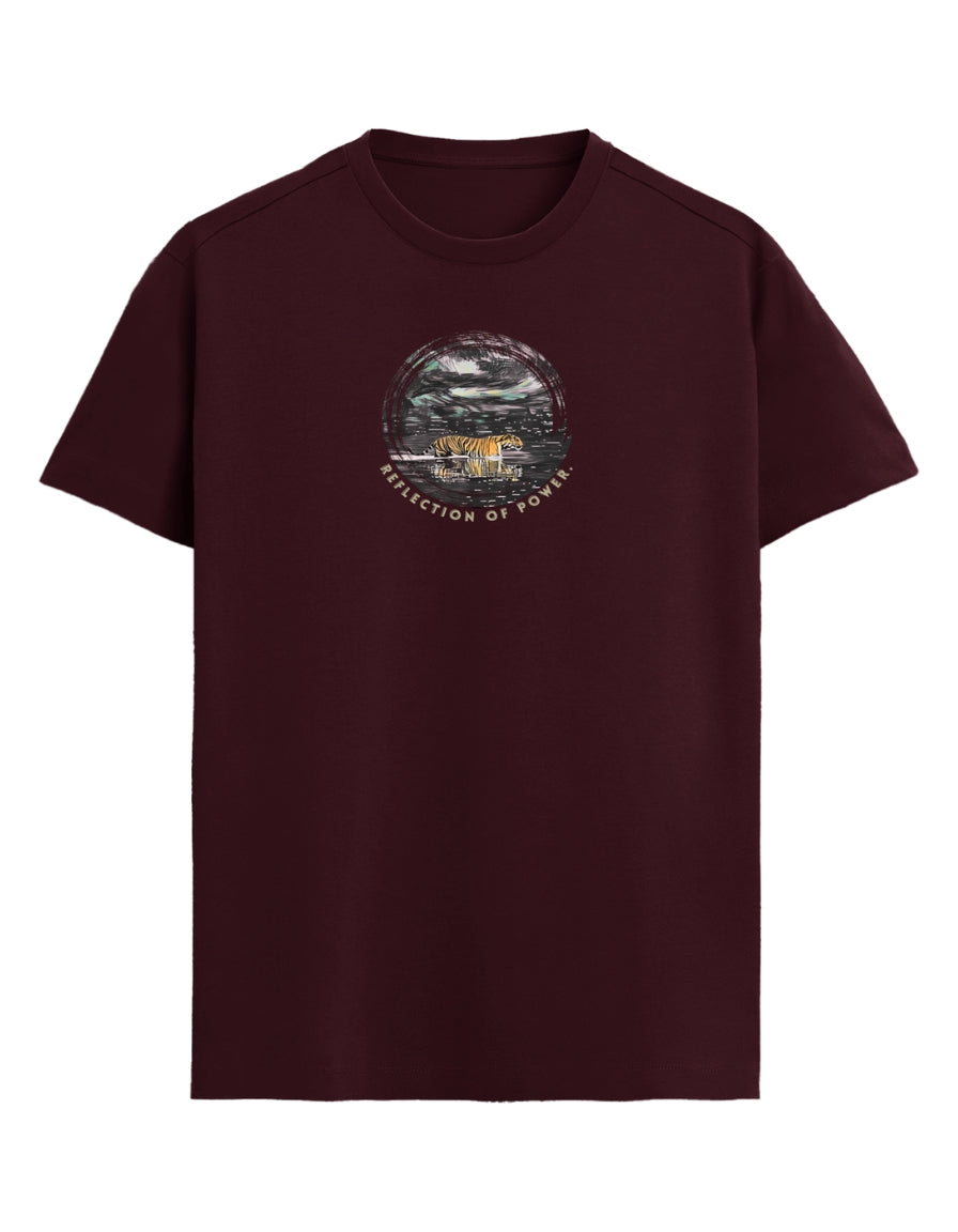 Maroon t-shirt with a graphic design on a white background