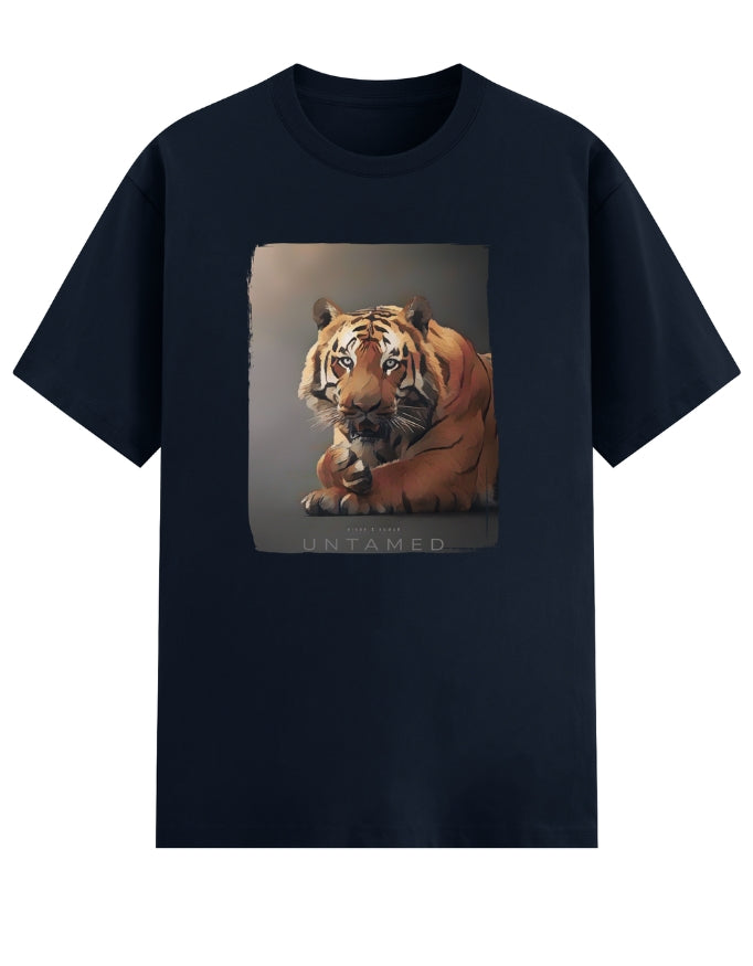 Navyblue t-shirt with a tiger graphic and 'UNTAMED' text on a white background