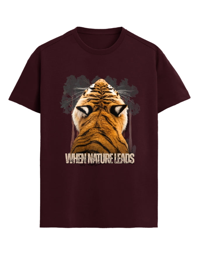 Maroon t-shirt with a tiger graphic and 'When Nature Leads' text on a white background