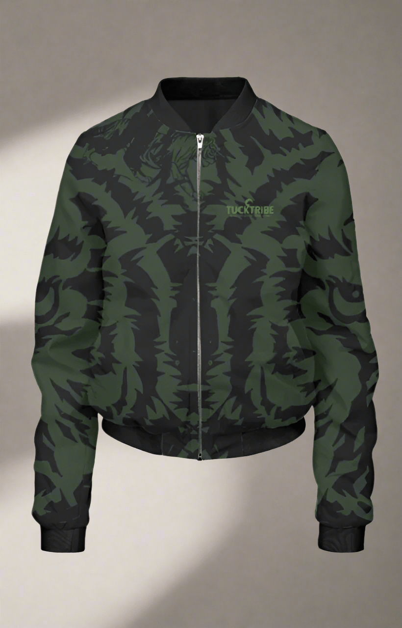 TuckTribeWomen's Dark Green Bomber Jacket with Bold Tiger Face Design - Trendy, Stylish & ComfortableWomen’s Bomber Jacket