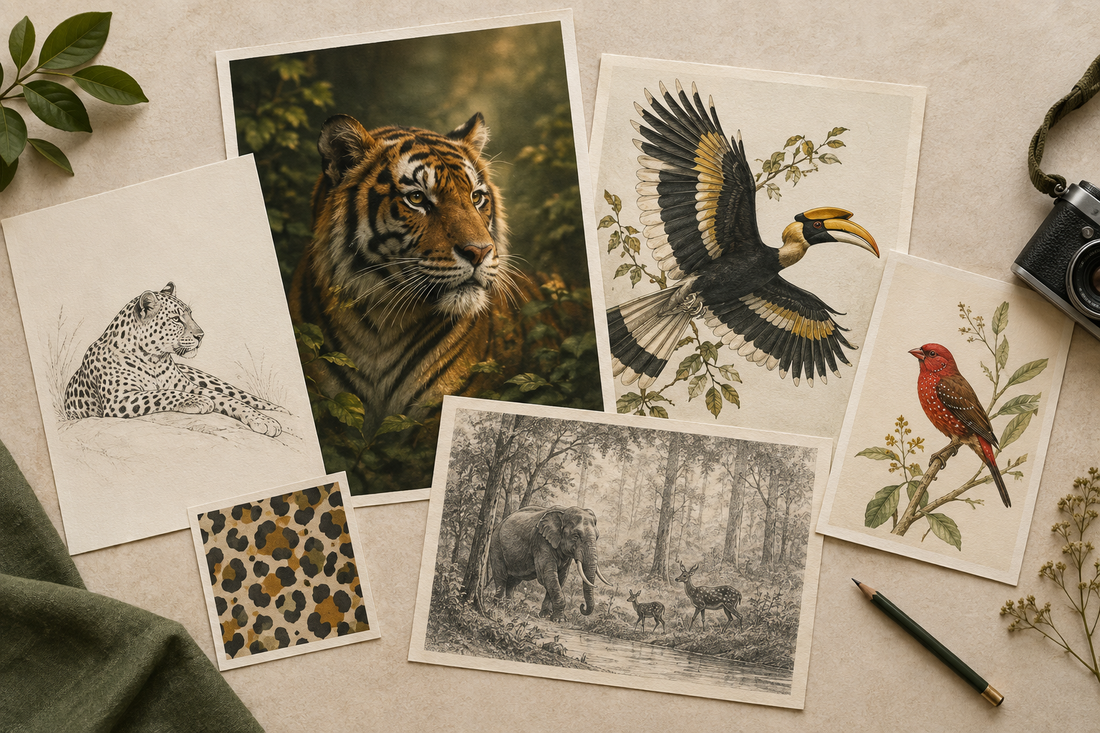 Wildlife art prints featuring a tiger, leopard, hornbill, red bird and forest scene, arranged beside a camera and pencil.