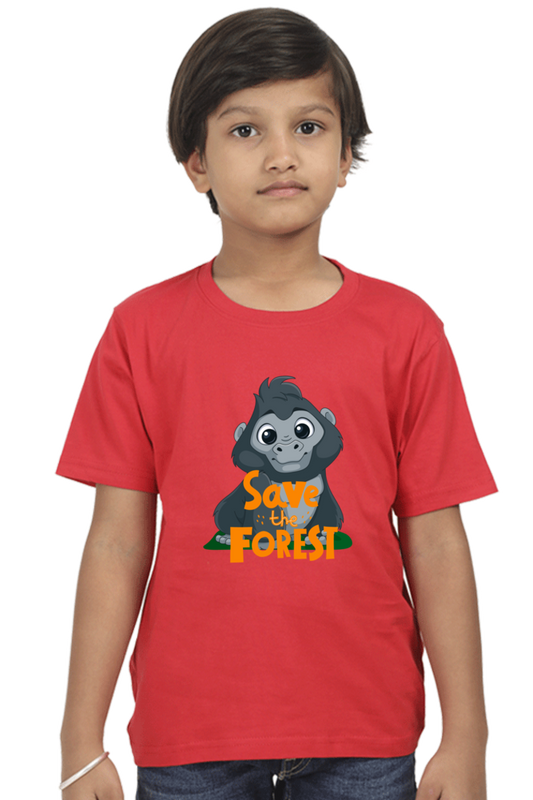 A young Forest Guardian with short brown hair wears TuckTribes SAVE THE FOREST Boys T-Shirt, featuring a cartoon mountain gorilla and the slogan Save the Forest, against a white background.