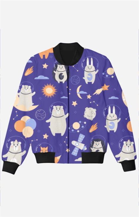 Blue Kids Bomber Jacket with Cute Space and Animal Print