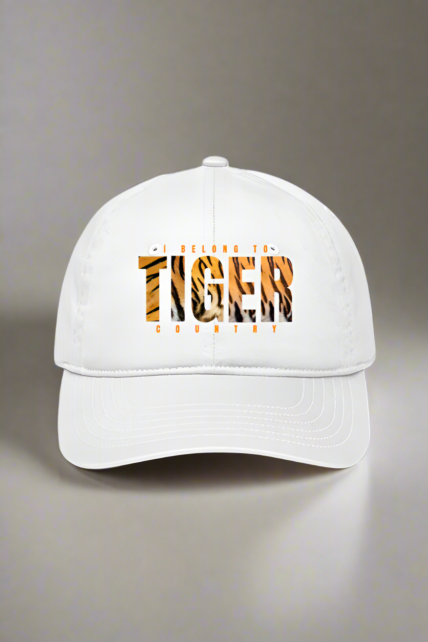 Show your Tiger Country pride with TuckTribes PRINTED TIGER COUNTRY BASEBALL CAP. This white cap features I BELONG TO TIGER COUNTRY with a bold tiger-stripe pattern inside TIGER, supporting tiger conservation while celebrating their habitat.