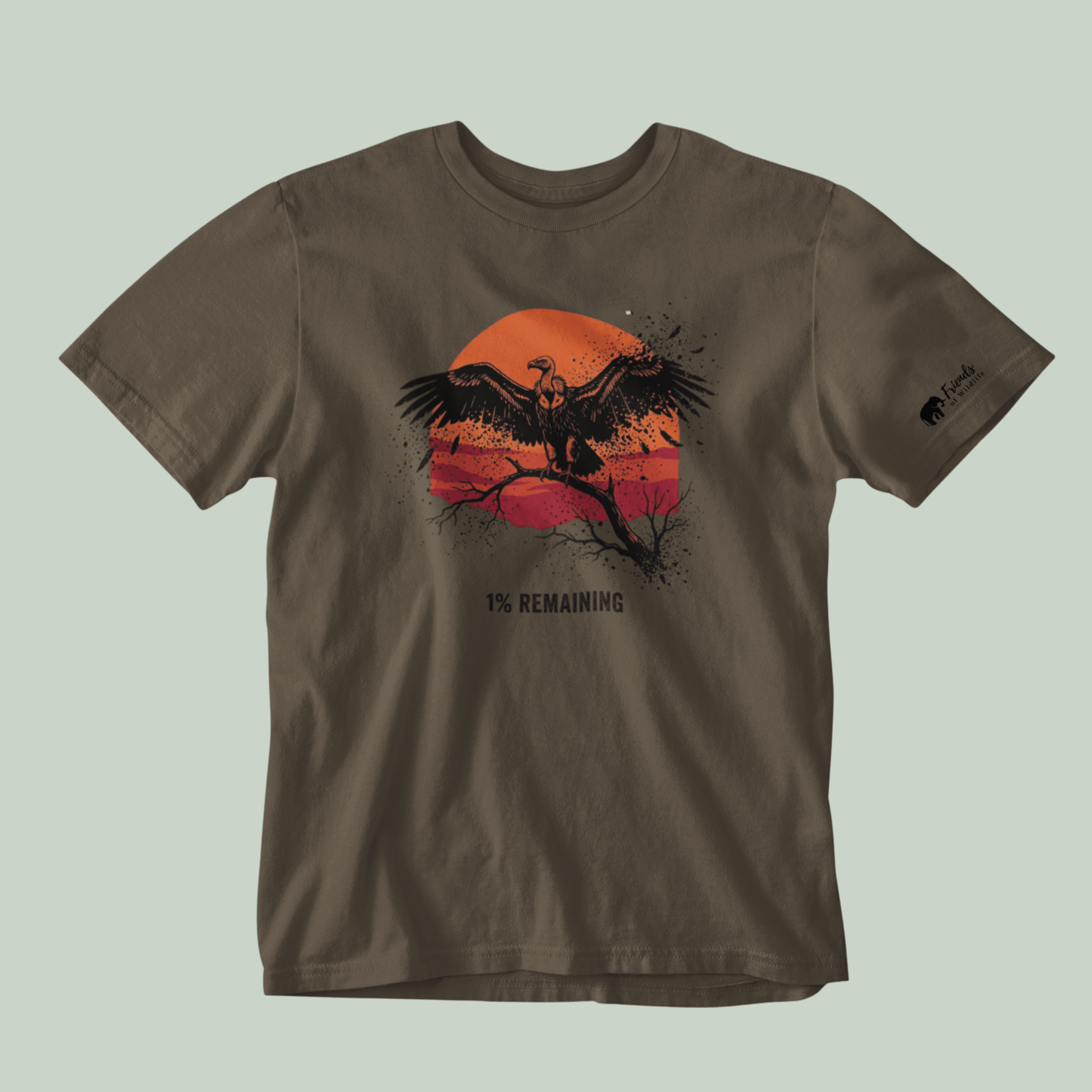 Olive Green Tucktribe  t-shirt with an Vulture graphic and '1% Remaining' text on a light green background