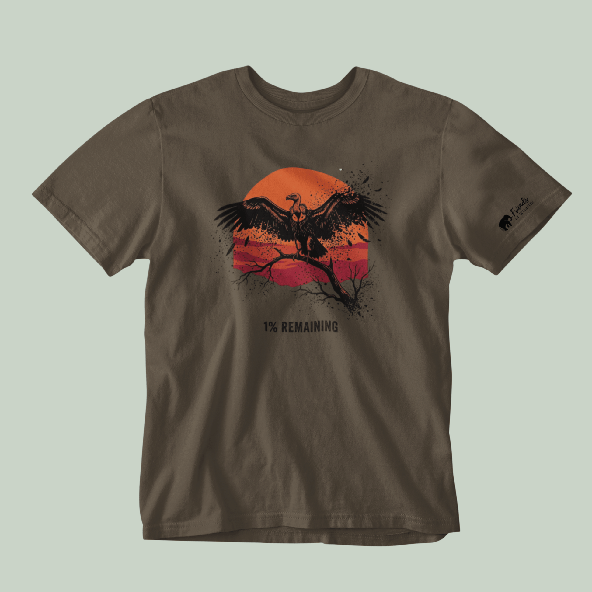 Olive Green Tucktribe  t-shirt with an Vulture graphic and '1% Remaining' text on a light green background