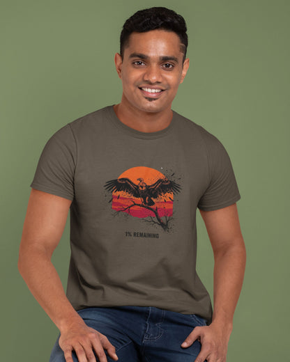Man wearing a Olive green Tucktribe t-shirt with an vulture design on a green background