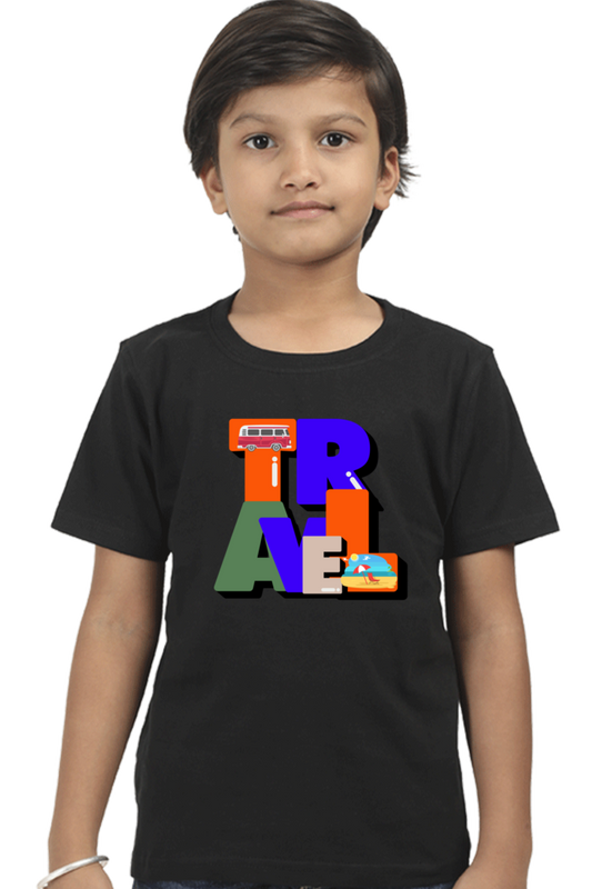 A child models the TuckTribe TRAVEL BOYS T-SHIRT, with TRAVEL boldly displayed in colors; the T shows a bus and the L has an airplane, all against a white background.