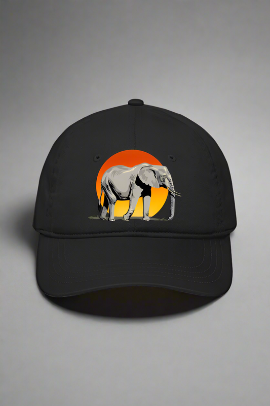 The PRINTED ELEPHANT SPIRIT BASEBALL CAP by TuckTribe features a vivid elephant illustration against an orange sun, highlighting natures majesty.