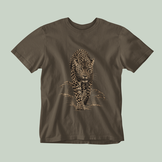Olive green unisex leopard graphic T-shirt featuring wild cat artwork inspired by Arvind Karthik wildlife photography