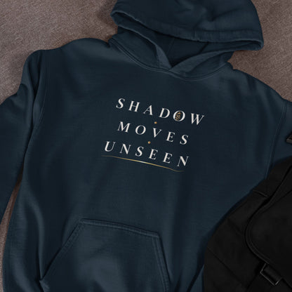 Oversized navy unisex leopard hoodie with detailed back wildlife graphic and Shadow Moves Unseen front design