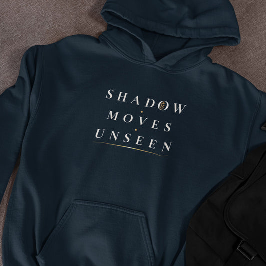 Oversized navy unisex leopard hoodie with detailed back wildlife graphic and Shadow Moves Unseen front design