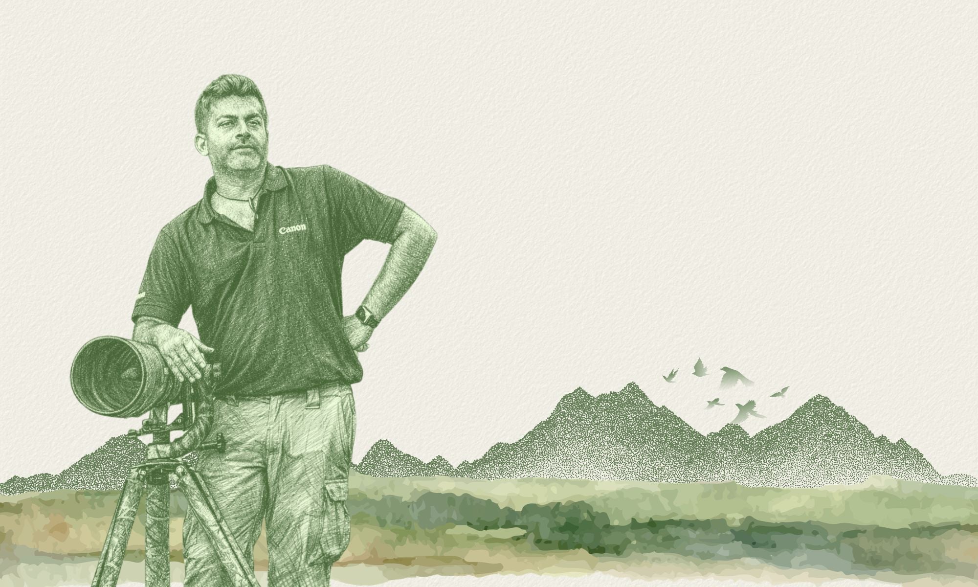 Illustration of a person with a camera and tripod against a scenic background