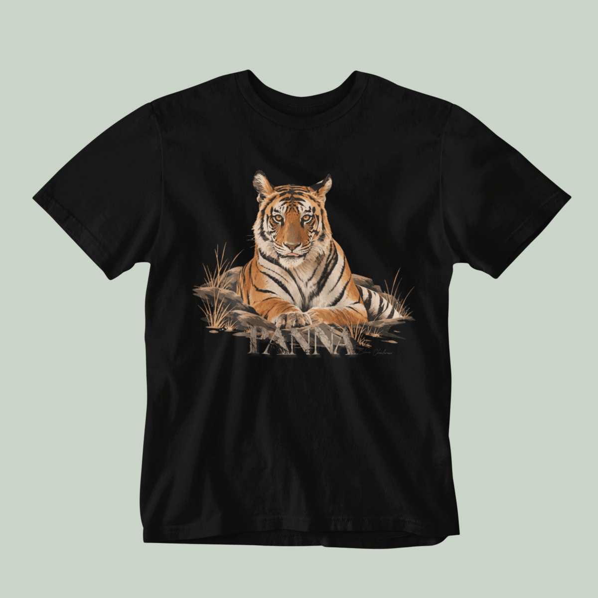 Queen of Panna Bengal tiger graphic on black unisex T-shirt by Tucktribe.