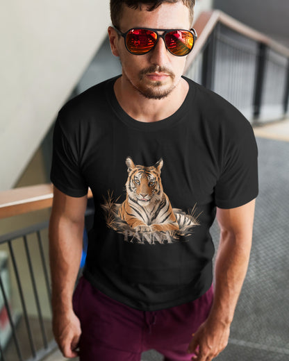 man climbing a stair wearing a Queen of Panna Bengal tiger graphic on black unisex T-shirt by Tucktribe,
