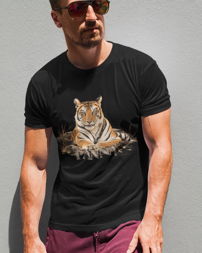 man leaning to a wall wearing a Queen of Panna Bengal tiger graphic on black unisex T-shirt by Tucktribe.