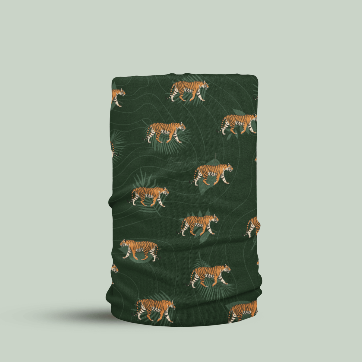 Tiger Walk Neck Gaiter featuring walking Bengal tiger prints on a dark forest-green background by Tucktribe.