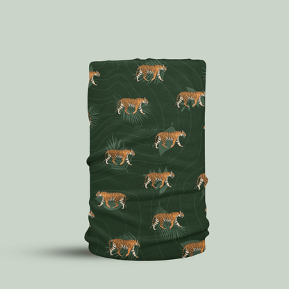 Tiger Walk Neck Gaiter featuring walking Bengal tiger prints on a dark forest-green background by Tucktribe.